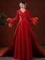 Chinese style Red Pearl Rhinestone Satin Evening Dresses 2022 A-Line / Princess V-Neck Long Sleeve Tassel Backless Evening Party Court Train Formal Dresses