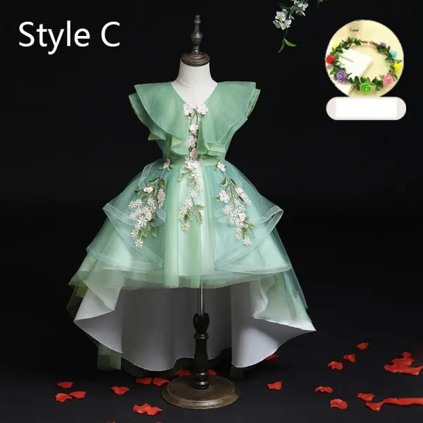 Flower Fairy Sage Green Appliques Lace Flower Birthday Flower Girl Dresses 2024 Ball Gown V-Neck Bell sleeves Court Train Flower Girl Dresses