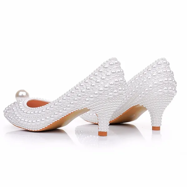 Elegante Witte Parel Bruidsschoenen 2025 5 cm Naaldhakken / Stiletto Spitse Neus Huwelijk Pumps Hoge Hakken