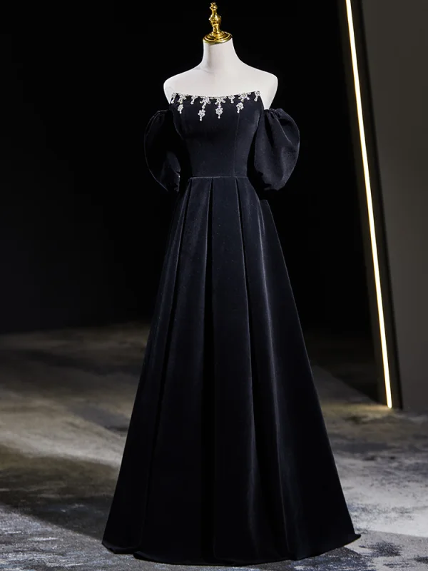 Elegant Black Velvet Rhinestone Prom Dresses 2024 A-Line / Princess Off-The-Shoulder Short Sleeve Backless Floor-Length / Long Prom Formal Dresses