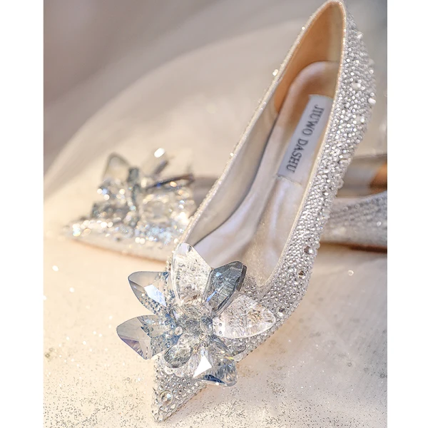 Uroczy Złote Kryształ Rhinestone Płaskie Buty Ślubne 2023 Skórzany Szpiczaste Buty Ślubne