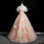 Chic / Beautiful Champagne Appliques Prom Dresses Ball Gown 2025 Square Neckline Short Sleeve Backless Floor-Length / Long Formal Dresses