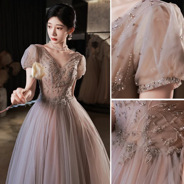 Chic / Beautiful Dusky Pink Prom Dresses 2022 A-Line / Princess V-Neck Beading Short Sleeve Backless Floor-Length / Long Prom Formal Dresses