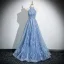 Sparkly Sky Blue Beading Pearl Sequins Prom Dresses 2024 A-Line / Princess High Neck Sleeveless Backless Floor-Length / Long Prom Formal Dresses