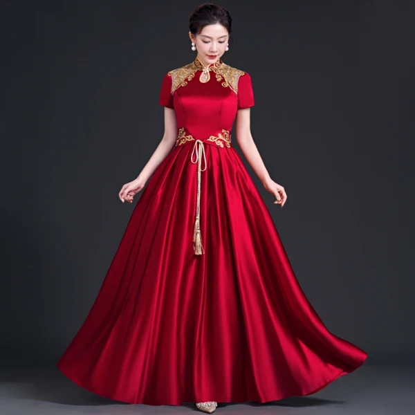 Chinese style Burgundy Satin Lace Flower Evening Dresses 2023 A-Line / Princess High Neck Short Sleeve Floor-Length / Long Evening Party Formal Dresses