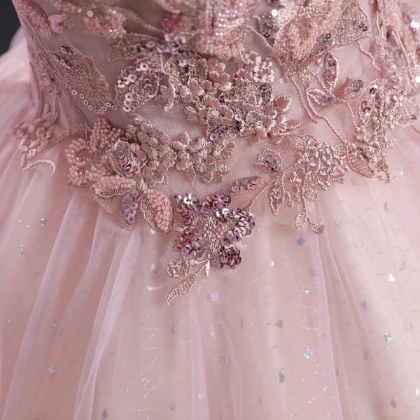 Elegant Blushing Pink Sequins Lace Flower Prom Dresses 2023 Ball Gown V-Neck Short Sleeve Backless Floor-Length / Long Prom Formal Dresses