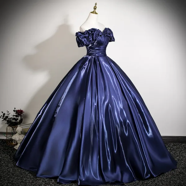 Vintage / Retro Navy Blue Prom Dresses 2025 Ball Gown Off-The-Shoulder Short Sleeve Backless Floor-Length / Long Prom Formal Dresses