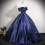 Vintage / Retro Navy Blue Prom Dresses 2025 Ball Gown Off-The-Shoulder Short Sleeve Backless Floor-Length / Long Prom Formal Dresses