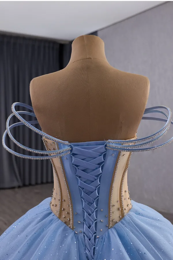 High-end Fashion Sky Blue Cascading Ruffles Sequins Rhinestone Prom Dresses 2025 Ball Gown Strapless Sleeveless Backless Court Train Formal Dresses