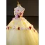 Elegant Yellow Rhinestone Appliques Cascading Ruffles Prom Dresses 2023 Ball Gown Strapless Sleeveless Backless Floor-Length / Long Prom Formal Dresses