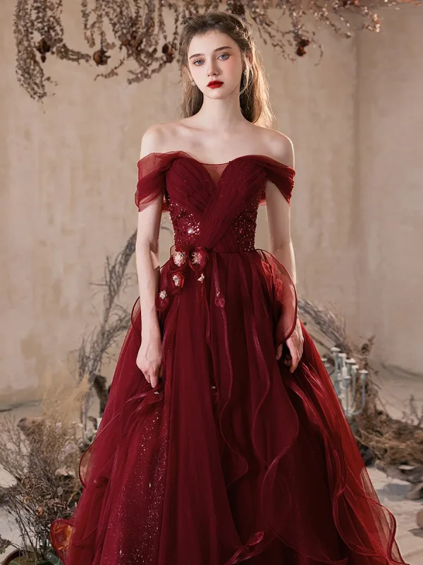 Chic / Belle Bordeaux Appliques Paillettes Volants en Cascade Robe De Bal 2025 Princesse De l'épaule Manches Courtes Dos Nu Longue Robe De Ceremonie