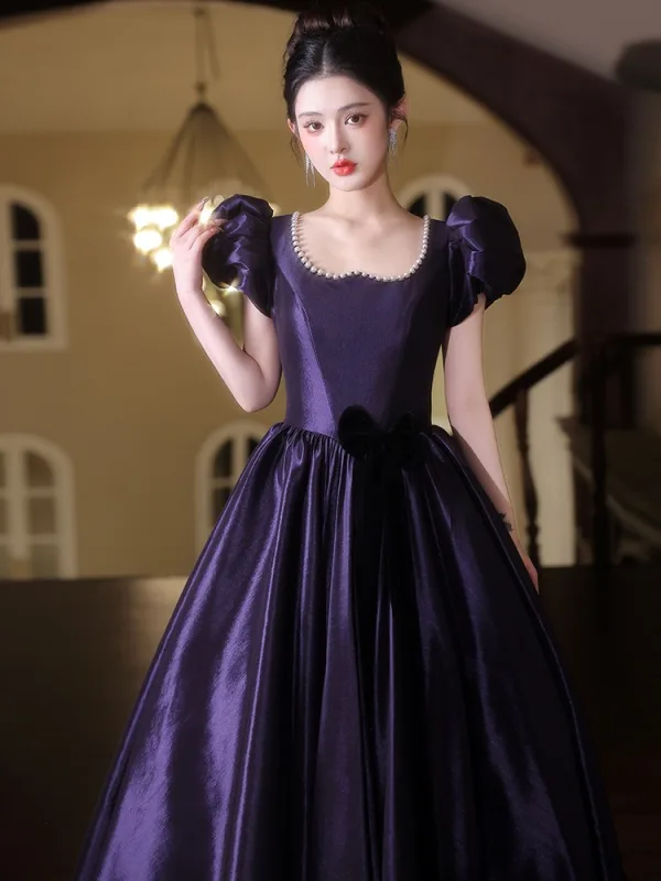 Vintage / Retro Purple Prom Dresses 2025 Ball Gown Square Neckline Puffy Short Sleeve Backless Floor-Length / Long Prom Formal Dresses