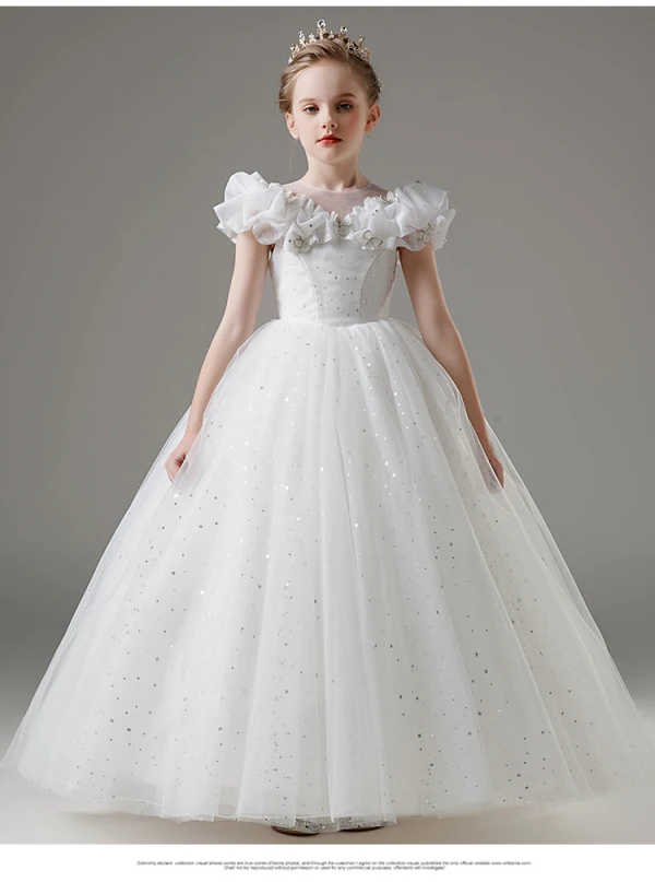 Fashion White Star Sequins Lace Butterfly Wedding Flower Girl Dresses 2023 Ball Gown Scoop Neck Short Sleeve Floor-Length / Long