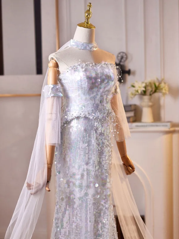 Scintillantes Sexy Argenté Perle Paillettes Robe De Soirée 2026 Trompette / Sirène Bustier Manches Courtes Dos Nu Longue Robe De Ceremonie