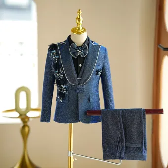 Høst Vinter Mørk Marineblå Perle Rhinestone 5 Delt Langermede Dress Barn Bryllup 2024 Frakk Bukser Skjorte Slips Vest