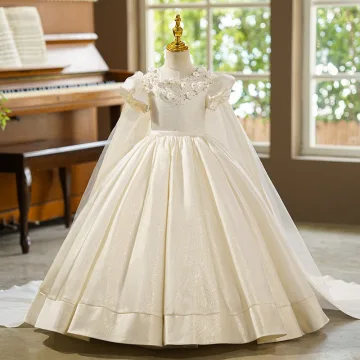 Elegante Ivory Creme Applikationen Geburtstag Blumenmädchenkleider 2026 Ballkleid Rundhalsausschnitt Geschwollenes Kurze Ärmel