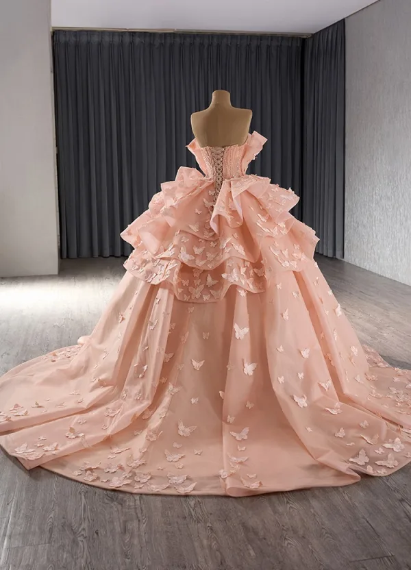 Fashion Luxury / Gorgeous Orange Butterfly Appliques Cascading Ruffles Prom Dresses 2024 Ball Gown Strapless Sleeveless Backless Chapel Train Prom Formal Dresses