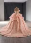 Fashion Luxury / Gorgeous Orange Butterfly Appliques Cascading Ruffles Prom Dresses 2024 Ball Gown Strapless Sleeveless Backless Chapel Train Prom Formal Dresses