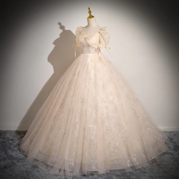 Élégant Champagne Paillettes Robe De Bal 2024 Robe Boule Encolure Carrée Manches Courtes Dos Nu Longue Promo Robe De Ceremonie