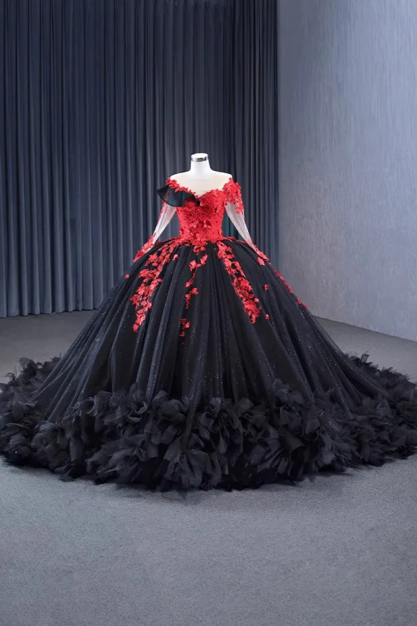 Haut de Gamme Noire En Dentelle Fleur Perlage Paillettes Appliques Tribunal Train Robe De Bal 2024 Robe Boule Encolure Dégagée Manches Longues Promo Robe De Ceremonie