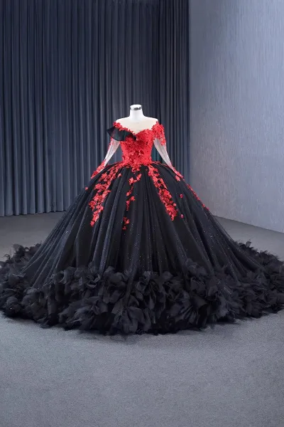 High-end Black Lace Flower Beading Sequins Appliques Court Train Prom ...