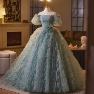 Chic Beautiful Sage Green Appliques Ruffle Prom Dresses 2025 Ball Gown Off The Shoulder Short Sleeve Backless Floor Length Long Prom Formal Dresses