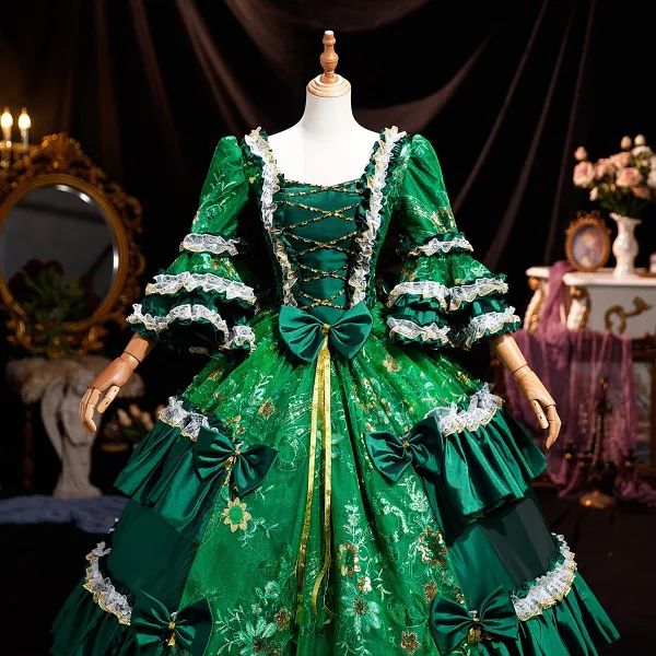 Medieval Vintage / Retro Dark Green Lace Flower Sequins Bow Prom Dresses 2025 Ball Gown Square Neckline Bell sleeves Floor-Length / Long Prom Formal Dresses