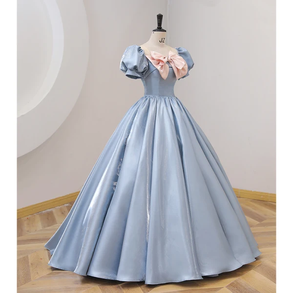 Fashion Sky Blue Prom Dresses 2022 Ball Gown Scoop Neck Bow Puffy Short Sleeve Backless Floor-Length / Long Prom Formal Dresses