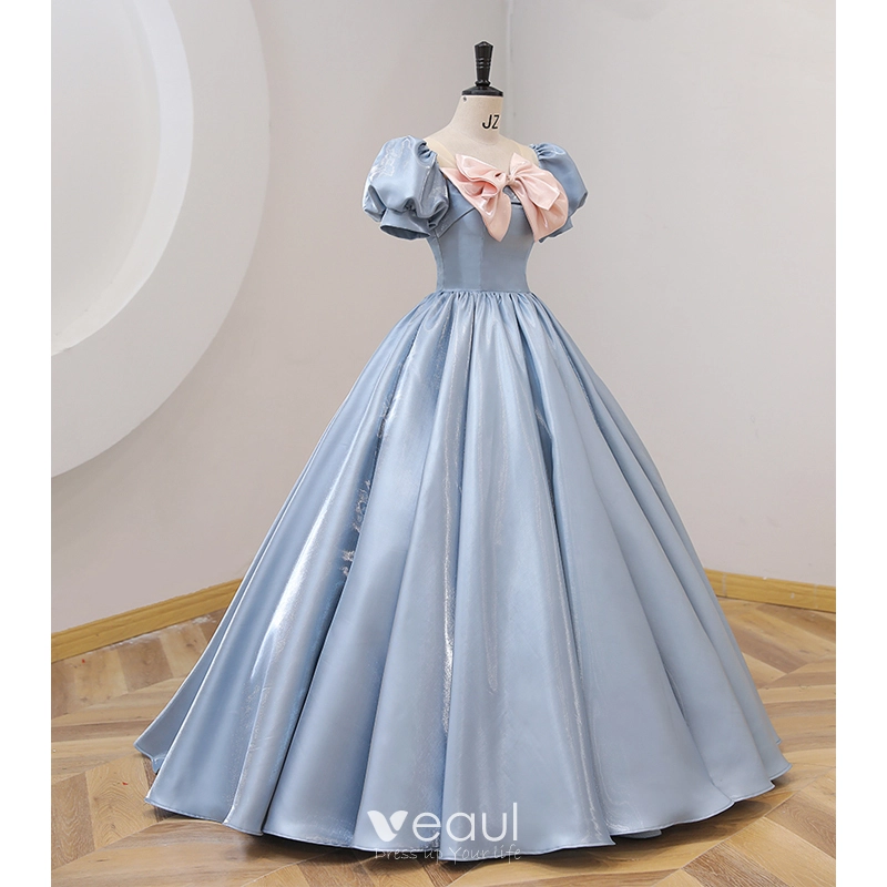 Fashion Sky Blue Prom Dresses 2022 Ball Gown Scoop Neck Bow Puffy Short  Sleeve Backless Floor-Length / Long Prom Formal Dresses