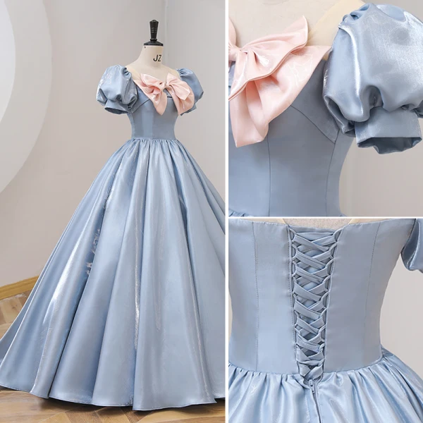 Fashion Sky Blue Prom Dresses 2022 Ball Gown Scoop Neck Bow Puffy Short Sleeve Backless Floor-Length / Long Prom Formal Dresses
