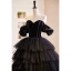 Charmant Noire Volants en Cascade Robe De Soirée 2023 Robe Boule Bustier Sans Manches Dos Nu Train De Balayage Soirée Robe De Ceremonie