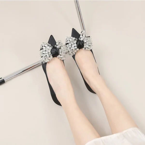 Chic / Beautiful Black Rhinestone Bow Pumps Prom 2022 Leather 6 cm Stiletto Heels Pointed Toe Pumps High Heels