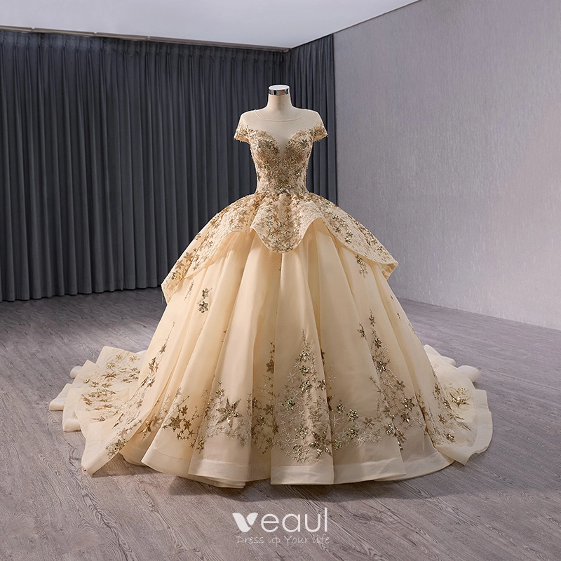 Luxury / Gorgeous Gold Handmade Sequins Lace Star Prom Dresses 2024 Ball Gown Scoop Neck Short Sleeve Chapel Train Prom Formal Dresses Luxury / Gorgeous Gold Handmade Sequins Lace Star Prom Dresses 2024 Ball Gown Scoop Neck Short Sleeve Chapel Train Prom Formal Dresses