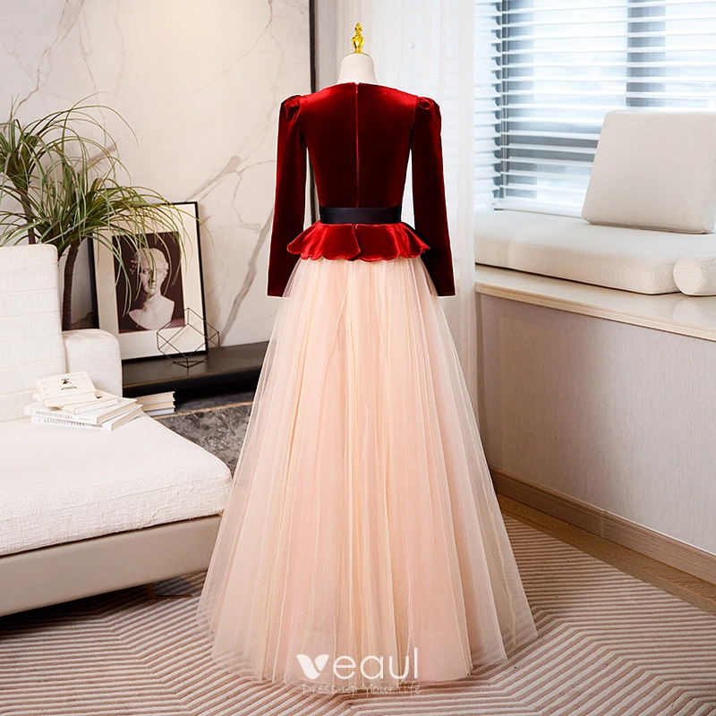 Elegant Burgundy Velour Suede Winter Prom Dresses 2023 A-Line / Princess  Scoop Neck Beading Bow Sash Long Sleeve Floor-Length / Long Prom Formal  Dresses