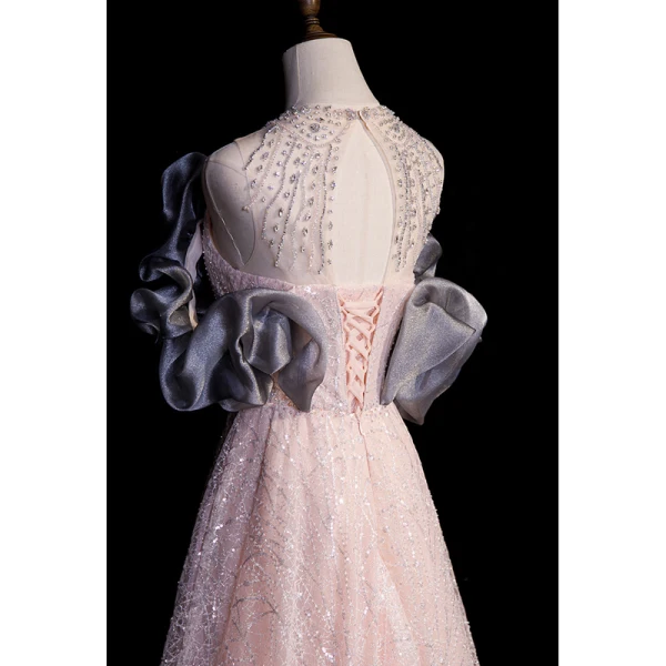High-end Charming Blushing Pink Beading Sequins Prom Dresses 2023 A-Line / Princess Scoop Neck Sleeveless Backless Floor-Length / Long Formal Dresses