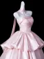 Härlig Rodnande Rosa Cascading Volanger Satin Balklänningar 2026 Balklänning Axelbandslös Ärmlös Halterneck