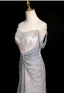 Sexy Silber Grau Perlenstickerei Pailletten Strass Abendkleider 2025 Meerjungfrau Bandeau Ärmellos Rückenfreies Sweep / Pinsel Zug Abend Festliche Kleider