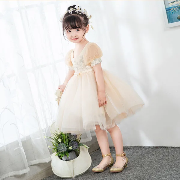 Mode Champagne Perlage Perle Paillettes En Dentelle Fleur Anniversaire Robe Ceremonie Fille 2022 Robe Boule U-Cou Gonflée Manches Courtes Ceinture Noeud Courte Dos Nu Robe Ceremonie Fille