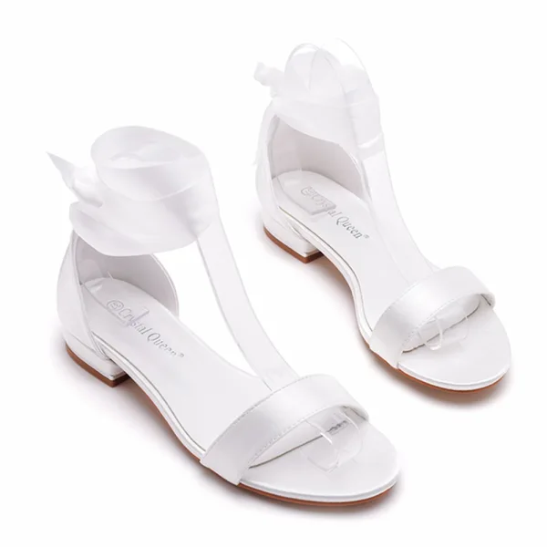 Sexy Weiß Satin Ball Flache Sandalen Damen 2023 Knöchelriemen Peeptoes Sandaletten