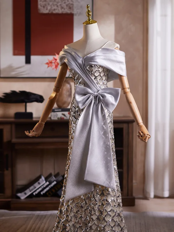 Scintillantes Argenté Noeud Paillettes Robe De Bal 2026 Trompette / Sirène De l'épaule Manches Courtes Dos Nu Longue Robe De Ceremonie