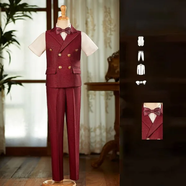 Burgundy Short Sleeve 4-piece Boys Wedding Suits 2025 Pants Shirt Tie Vest