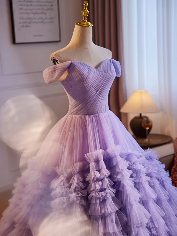Schöne Lavendel Rüschen Ballkleider 2024 Ballkleid Off Shoulder Ärmellos Rückenfreies Sweep / Pinsel Zug Ball Festliche Kleider
