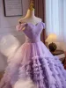 Chic / Beautiful Lavender Ruffle Prom Dresses 2024 Ball Gown Off-The-Shoulder Sleeveless Backless Sweep Train Prom Formal Dresses
