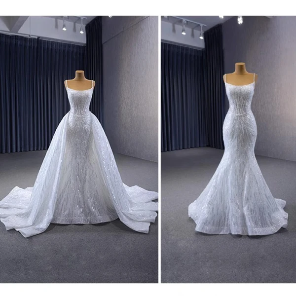 Haut de Gamme Scintillantes Blanche Glitter Perlage Paillettes Robe De Mariée 2023 Trompette / Sirène Bretelles Spaghetti Sans Manches Dos Nu Tribunal Train Mariage