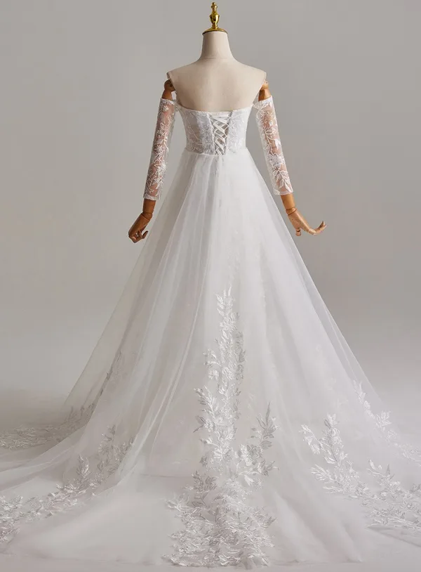 Schlicht Weiß Spitze Blumen Leichtes Brautkleider / Hochzeitskleider 2025 A Linie Off Shoulder Lange Ärmel Rückenfreies Sweep / Pinsel Zug