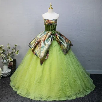Chic Belle Vert Cendré Impression Robe De Bal 2025 Robe Boule Bustier Sans Manches Dos Nu Longue Tulle Promo Robe De Ceremonie