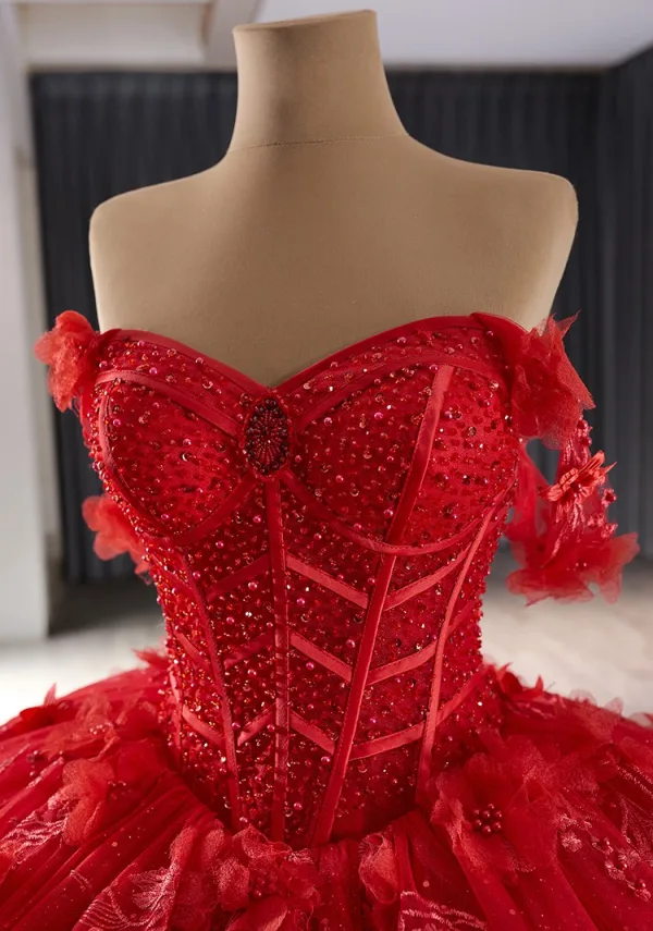 Haut de Gamme Rouge Perlage Perle Paillettes En Dentelle Fleur Appliques Robe De Bal 2024 Robe Boule De l'épaule Sans Manches Dos Nu Chapel Train Promo