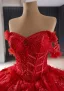 Haut de Gamme Rouge Perlage Perle Paillettes En Dentelle Fleur Appliques Robe De Bal 2024 Robe Boule De l'épaule Sans Manches Dos Nu Chapel Train Promo