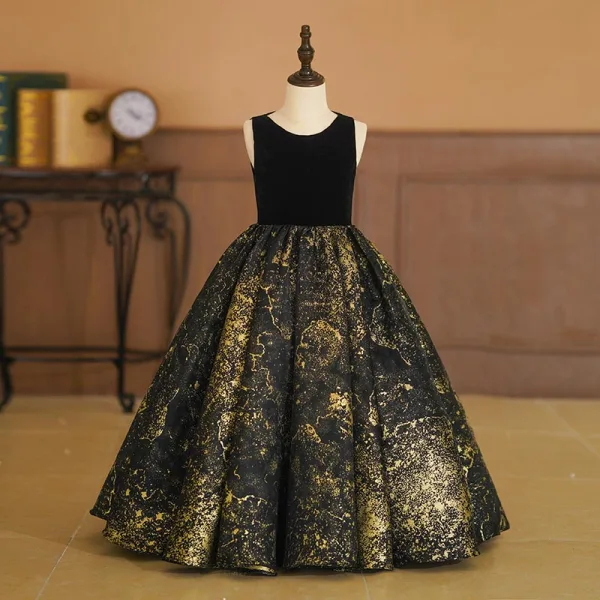 Elegant Gold Black Birthday Flower Girl Dresses 2024 Ball Gown Scoop Neck  Sleeveless Floor-Length / Long