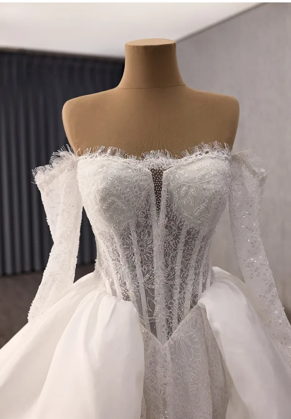 High-end White Handmade Beading Lace Flower Satin Wedding Dresses 2025 Ball Gown Off-The-Shoulder Long Sleeve Backless Chapel Train